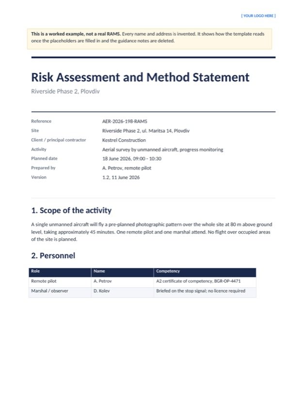 First page of a completed risk assessment and method statement