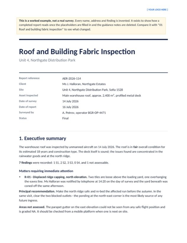 First page of a completed drone roof inspection report